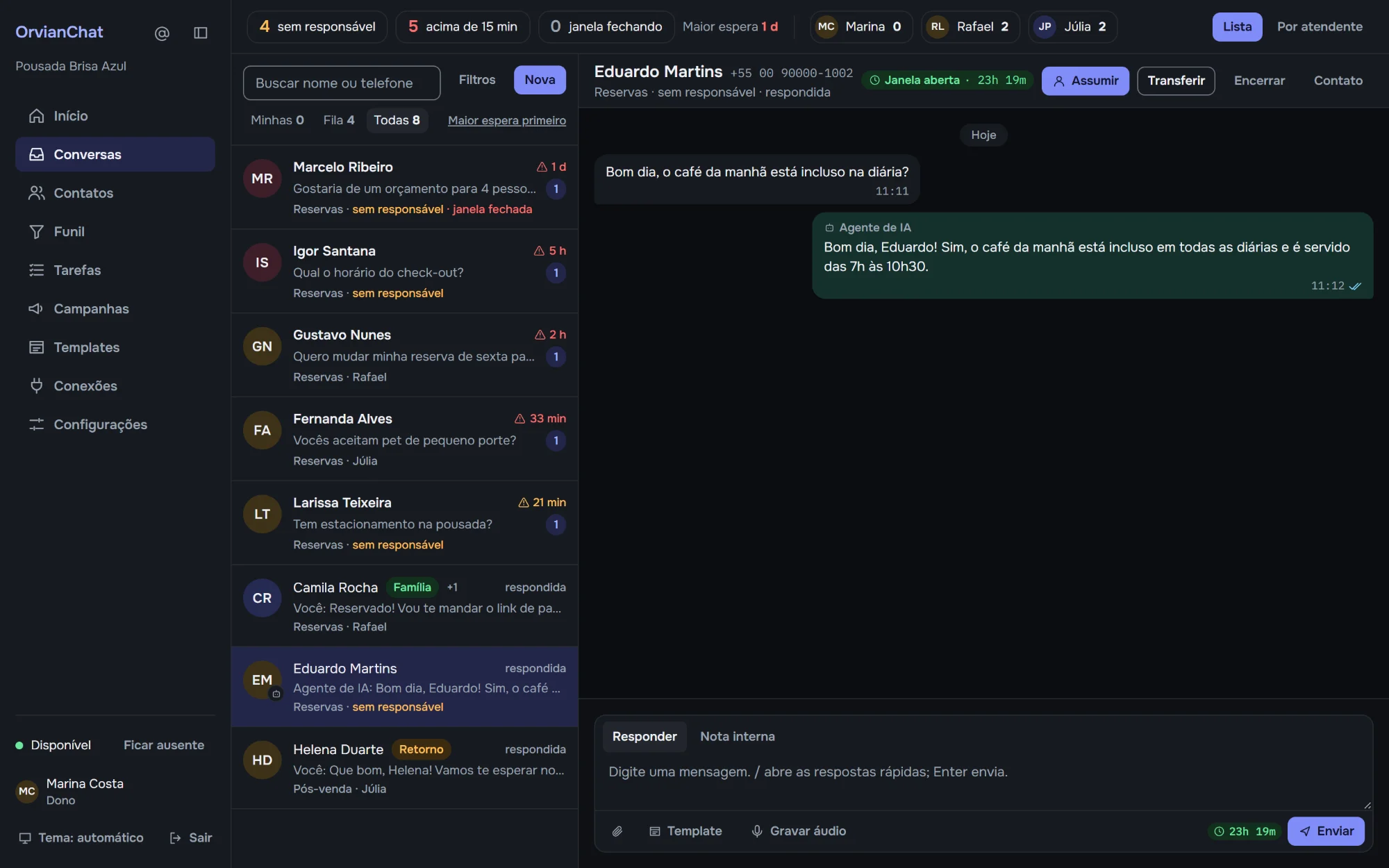 Conversa respondida pelo agente de IA do OrvianChat