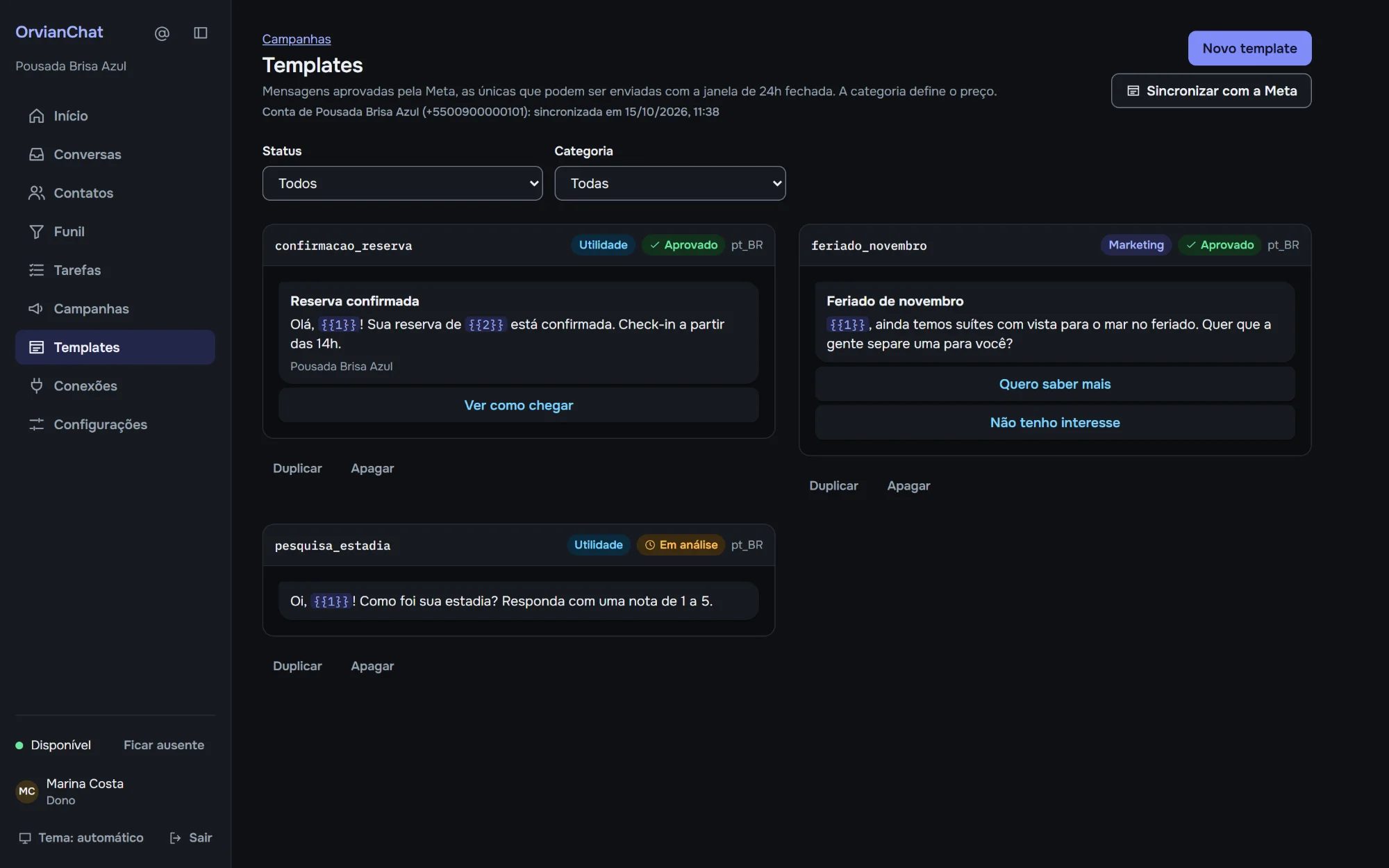 Lista de templates com prévia das mensagens e status de aprovação